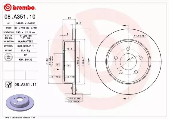 BREMBO TARCZE HAMULCOWE TYŁ 08.A351.11 