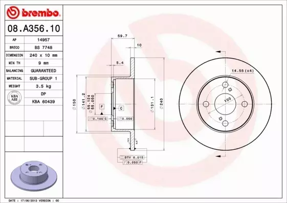 BREMBO TARCZE HAMULCOWE TYŁ 08.A356.10 