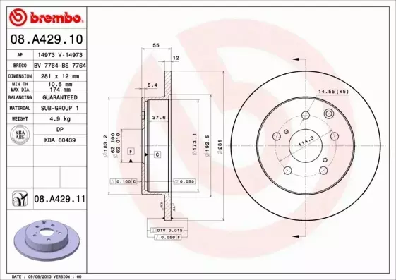 BREMBO TARCZE+KLOCKI TYŁ TOYOTA RAV 4 III 281MM 