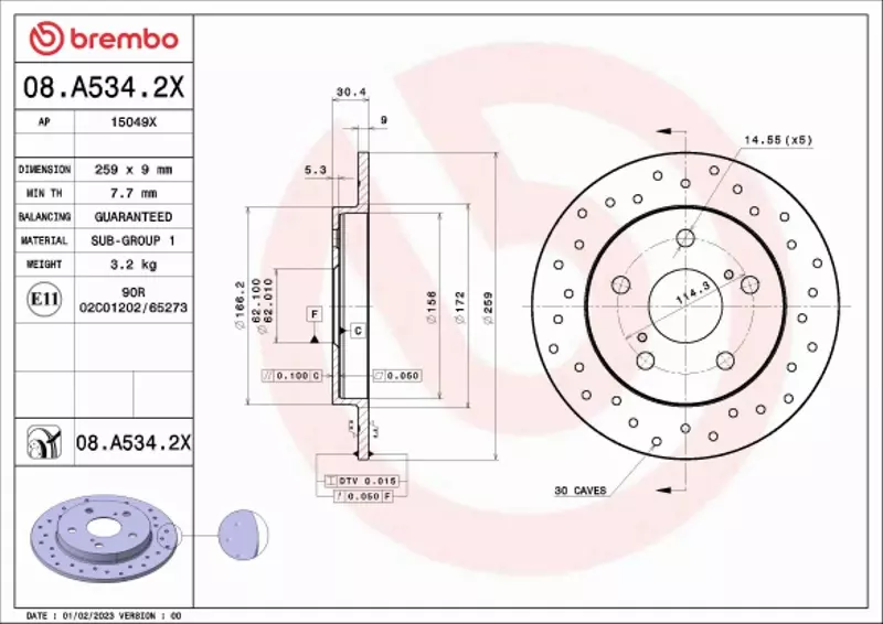 BREMBO TARCZA HAMULCOWA 08.A534.2X 