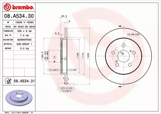 BREMBO TARCZE+KLOCKI TYŁ TOYOTA PRIUS III 259MM 