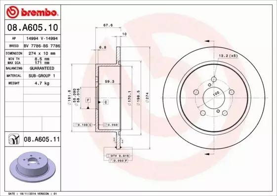 BREMBO TARCZE+KLOCKI T SUBARU LEGACY IV 274MM 