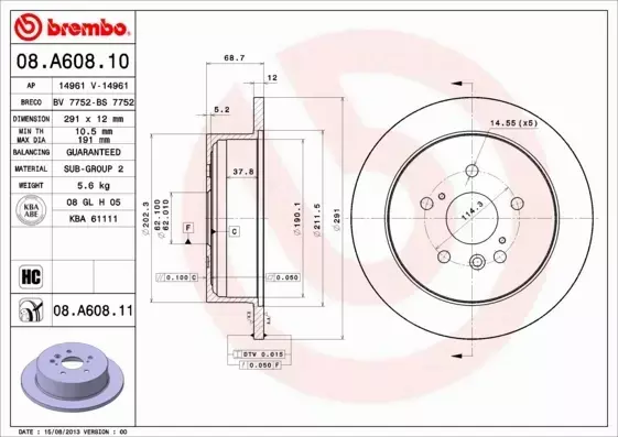 BREMBO TARCZE+KLOCKI TYŁ AVENSIS VERSO M2 291MM 