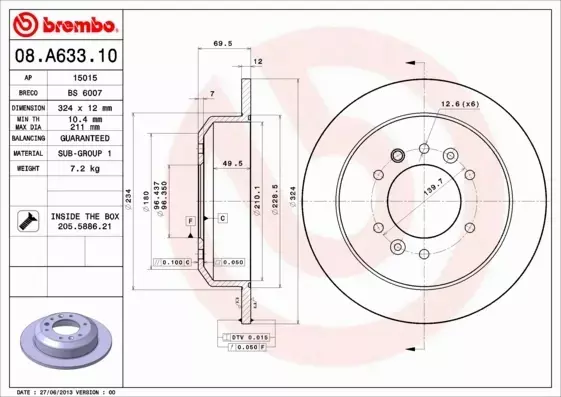 BREMBO TARCZE HAMULCOWE TYŁ 08.A633.10 