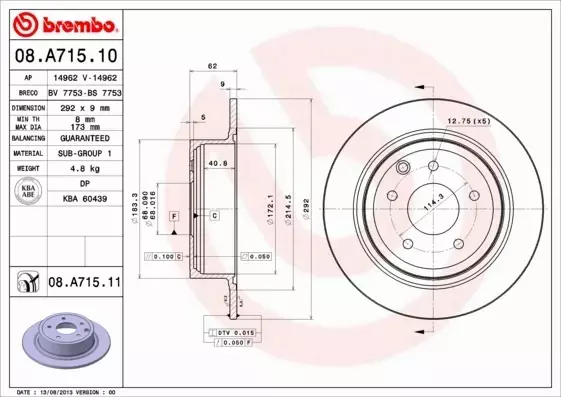 BREMBO TARCZE HAMULCOWE TYŁ 08.A715.10 