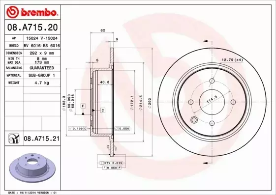 BREMBO TARCZE HAMULCOWE TYŁ 08.A715.21 