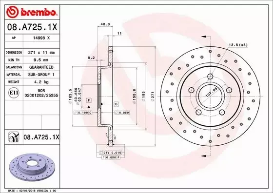 BREMBO TARCZE HAMULCOWE TYŁ 08.A725.1X 