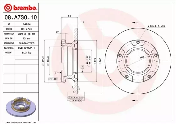 BREMBO TARCZE HAMULCOWE TYŁ 08.A730.10 