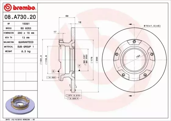 BREMBO TARCZE HAMULCOWE TYŁ 08.A730.20 