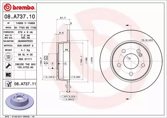 BREMBO TARCZE+KLOCKI P+T MERCEDES C W204 288MM 