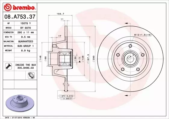 BREMBO Tarcza hamulcowa 08.A753.37 