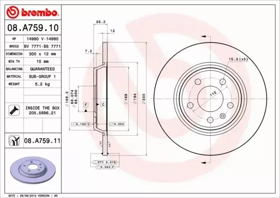 BREMBO TARCZE HAMULCOWE TYŁ 08.A759.11 