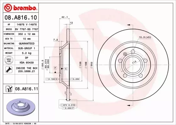 BREMBO TARCZE HAMULCOWE TYŁ 08.A816.10 