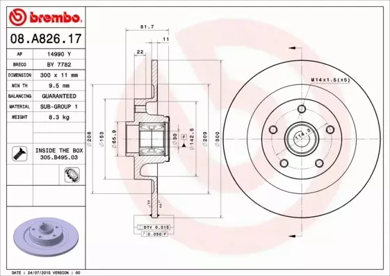 BREMBO TARCZE HAMULCOWE TYŁ 08.A826.17 