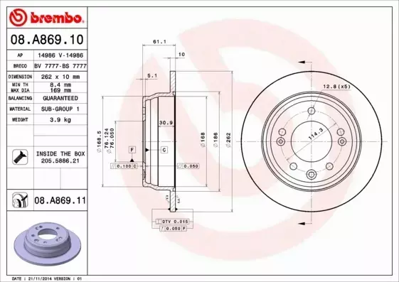 BREMBO Tarcza hamulcowa 08.A869.11 