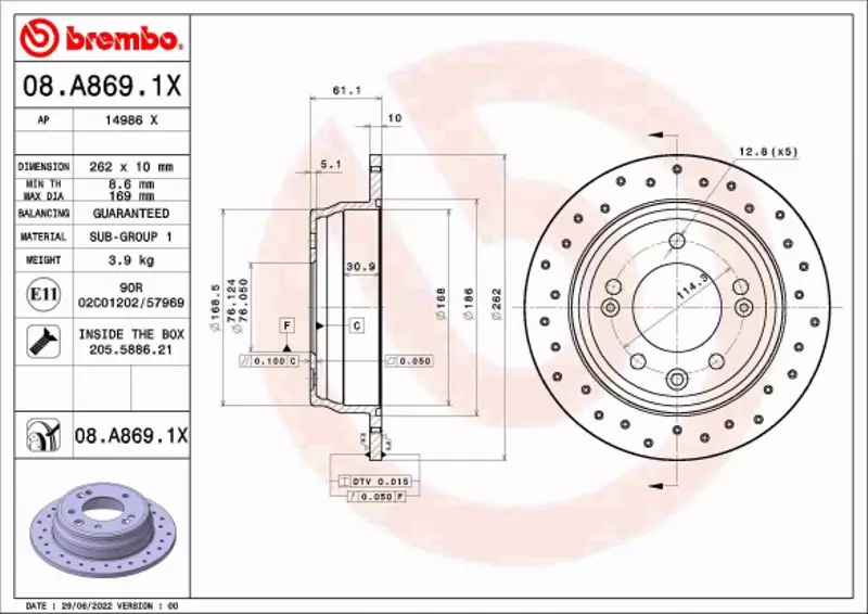 BREMBO TARCZA HAMULCOWA 08.A869.1X 