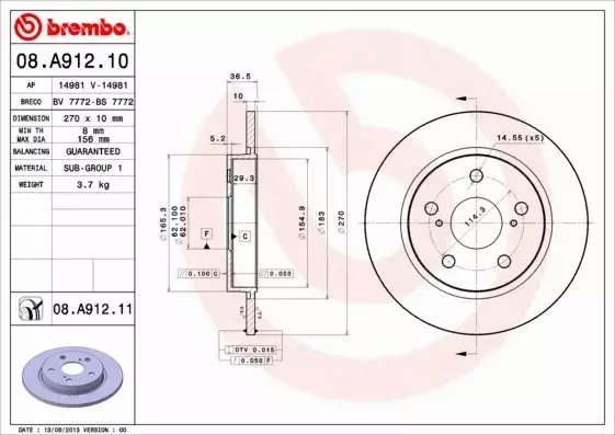 BREMBO TARCZE HAMULCOWE TYŁ 08.A912.11 