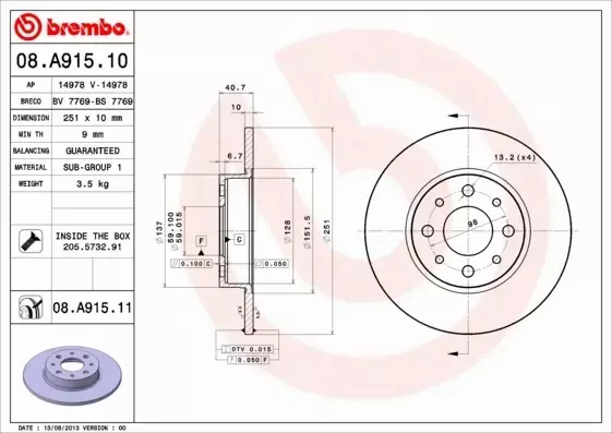 BREMBO TARCZE+KLOCKI T ALFA ROMEO MITO 251MM 