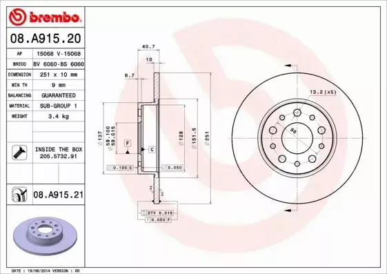 BREMBO TARCZE HAMULCOWE TYŁ 08.A915.21 