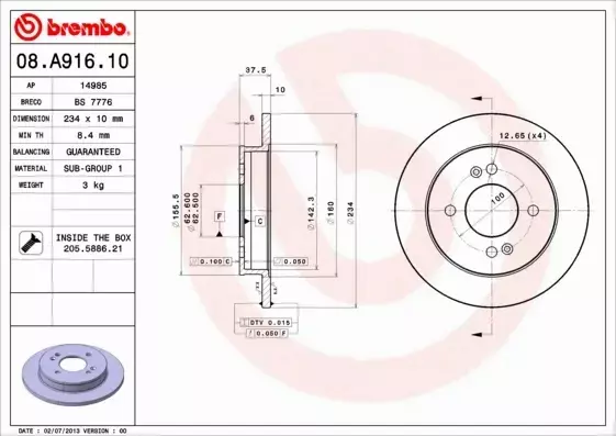 BREMBO TARCZE HAMULCOWE TYŁ 08.A916.10 