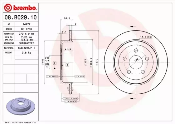 BREMBO TARCZE HAMULCOWE TYŁ 08.B029.10 