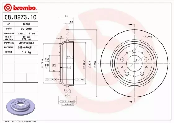 BREMBO TARCZE HAMULCOWE TYŁ 08.B273.10 