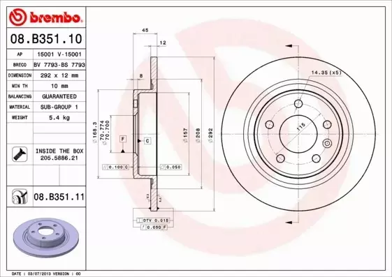 BREMBO TARCZE+KLOCKI TYŁ CHEVROLET CRUZE 292MM 