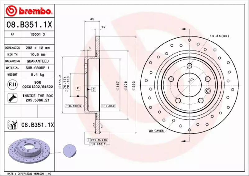 BREMBO TARCZA HAMULCOWA 08.B351.1X 