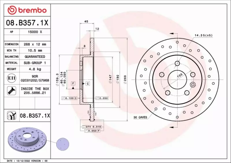 BREMBO TARCZA HAMULCOWA 08.B357.1X 