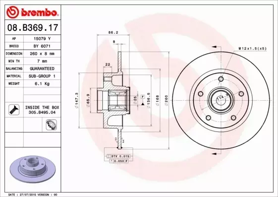  BREMBO TARCZE+KLOCKI TYŁ RENAULT MEGANE III 260MM 