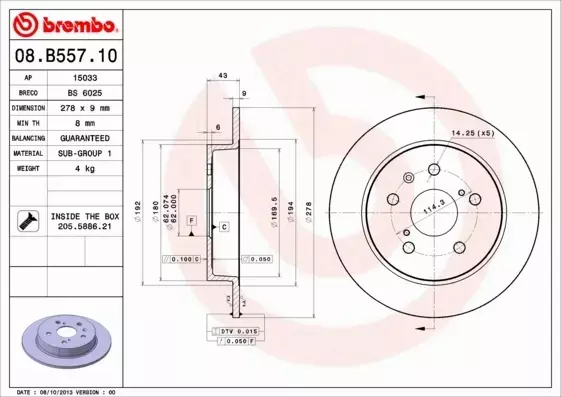 BREMBO TARCZE+KLOCKI TYŁ FIAT SEDICI 278MM 