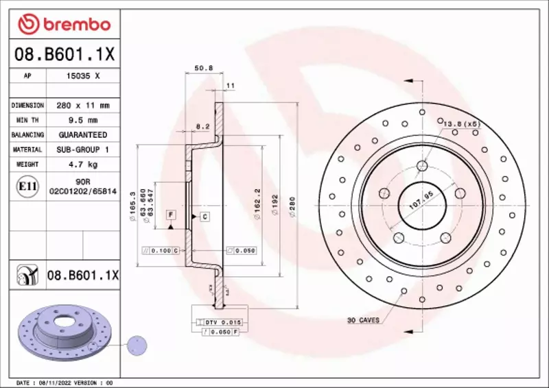 BREMBO TARCZA HAMULCOWA 08.B601.1X 