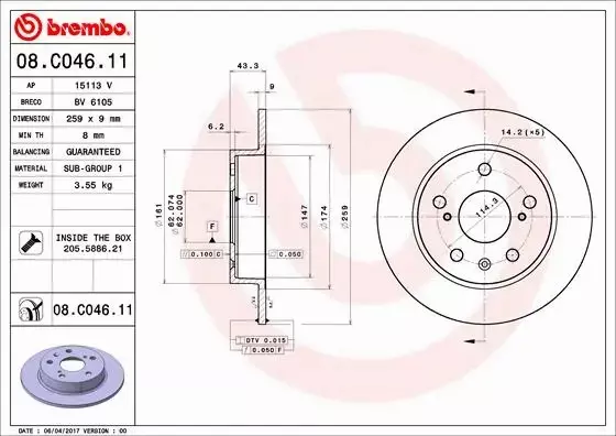 BREMBO TARCZE+KLOCKI TYŁ SUZUKI SX4 S-CROSS 259MM 