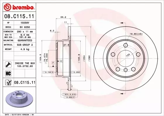 BREMBO TARCZE HAMULCOWE TYŁ 08.C115.11 