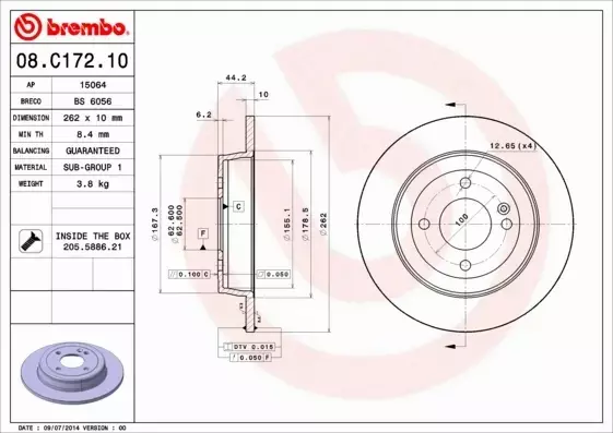 BREMBO TARCZE+KLOCKI TYŁ KIA RIO IV 262MM 