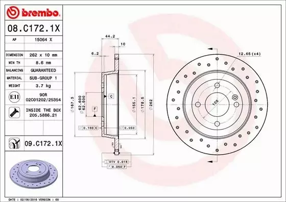 BREMBO TARCZE HAMULCOWE TYŁ 08.C172.1X 