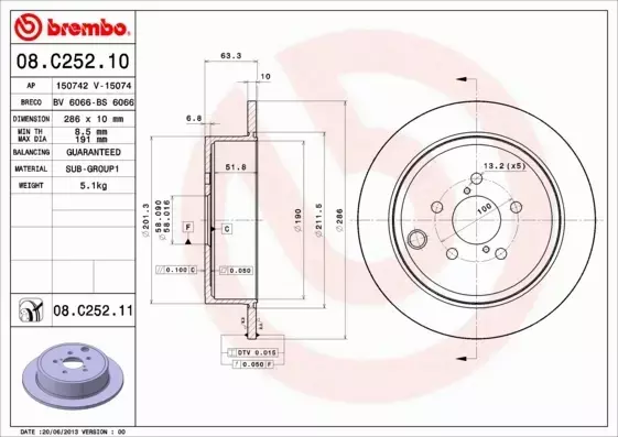 BREMBO TARCZE+KLOCKI TYŁ SUBARU FORESTER SH 286MM 