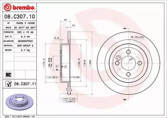 BREMBO TARCZE+KLOCKI TYŁ MINI R55 R56 280MM 