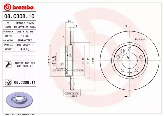  BREMBO TARCZE+KLOCKI TYŁ C4 PICASSO DS4 GRANDLAND 308 3008 RIFTER 268MM 