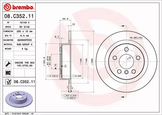 BREMBO TARCZE+KLOCKI TYŁ MINI F54 F60 280MM 