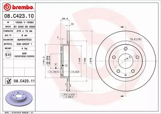 BREMBO TARCZE HAMULCOWE TYŁ 08.C423.11 