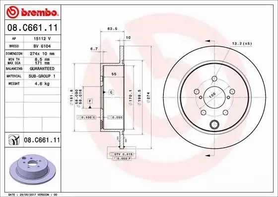 BREMBO TARCZE+KLOCKI TYŁ SUBARU XV GT 274MM 