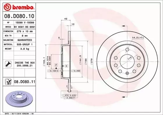 BREMBO TARCZE HAMULCOWE TYŁ 08.D080.11 