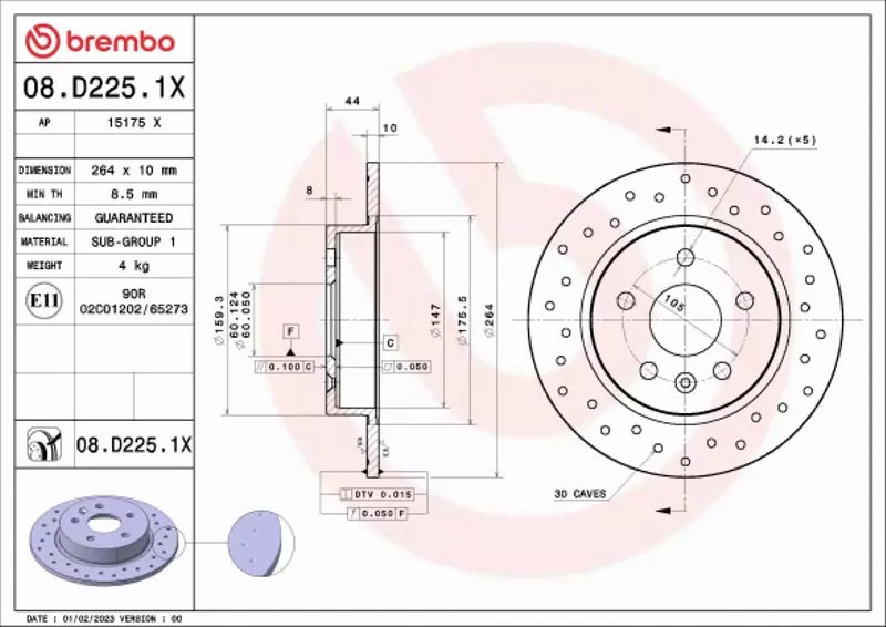 BREMBO TARCZA HAMULCOWA 08.D225.1X 