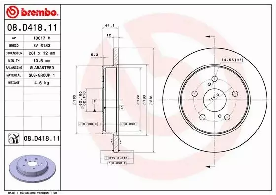 BREMBO TARCZE+KLOCKI TYŁ TOYOTA C-HR I 281MM 