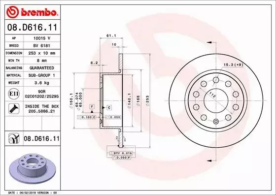 BREMBO TARCZA HAMULCOWA 08.D616.11 