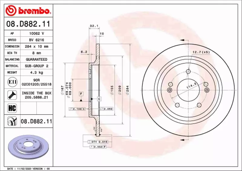 BREMBO TARCZA HAMULCOWA 08.D882.11 