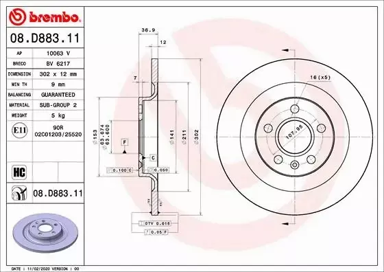 BREMBO TARCZE HAMULCOWE 08.D883.11 