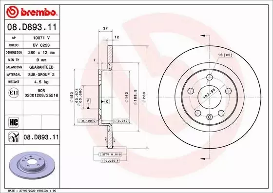 BREMBO TARCZA HAMULCOWA 08.D893.11 