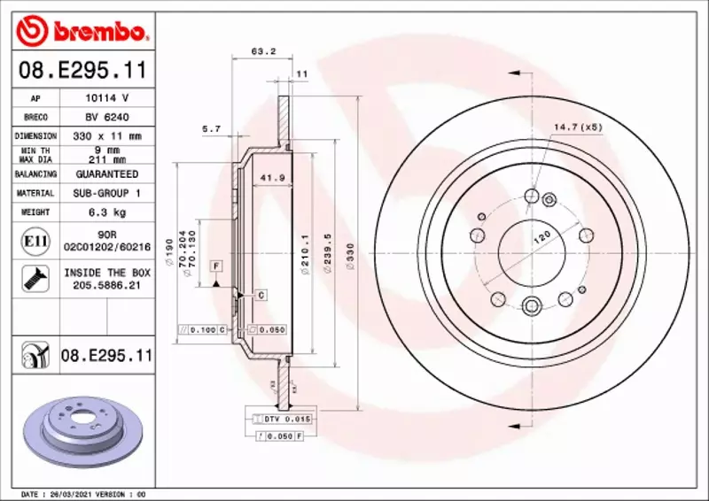 BREMBO TARCZA HAMULCOWA 08.E295.11 